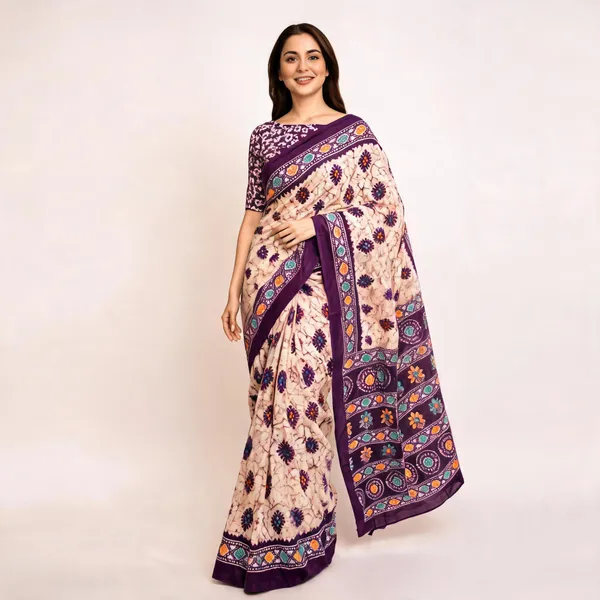 Purple_Mulmul_Cotton_Batik_Floral_Printed_Saree_For_Women