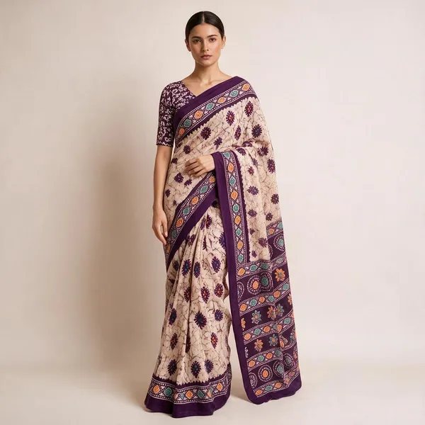 Purple_And_Beige_Mulmul_Cotton_Batik_Floral_Printed_Saree_For_Women