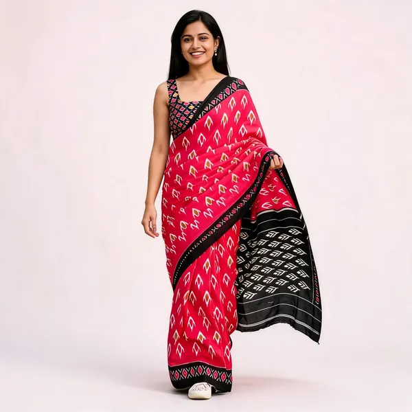 Rani_Pink_Mulmul_Cotton_Ikkat_Print_Saree_For_Women
