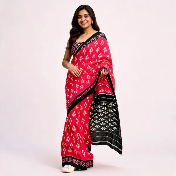 Rani_Pink_Mulmul_Cotton_Ikkat_Print_Saree_For_Women