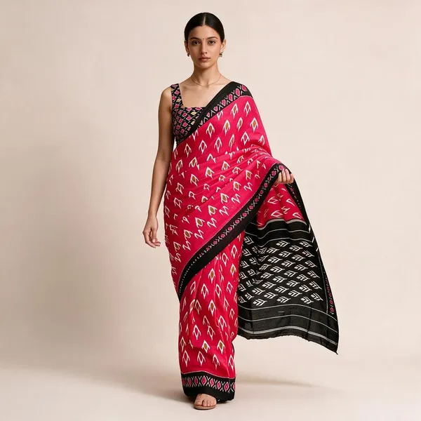 Rani_Pink_Mulmul_Cotton_Ikkat_Print_Saree_For_Women