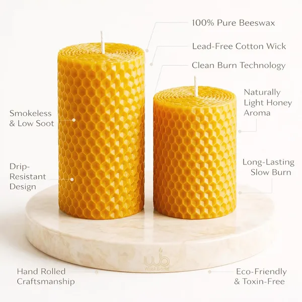 100_Pure_Beeswax_Pillar_Candles_Set_Of_2_Hand_Rolled_Honeycomb_Design_Clean_Burning_Smokeless_Dripless_Cotton_Wick_Natural_Honey_Aroma_6_4_X_2