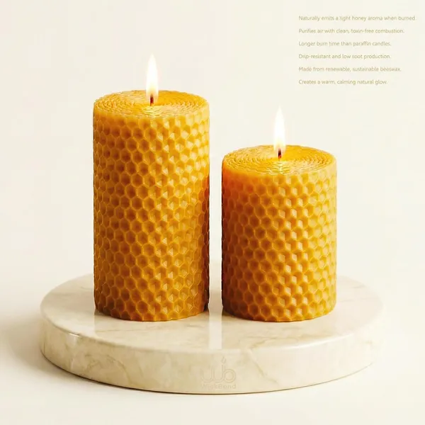 100_Pure_Beeswax_Pillar_Candles_Set_Of_2_Hand_Rolled_Honeycomb_Design_Clean_Burning_Smokeless_Dripless_Cotton_Wick_Natural_Honey_Aroma_6_4_X_2