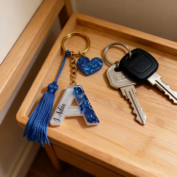 Resin_Alphabate_'A'_Keychain
(Blue_Glitter_&_White_Resin+Golden_Ring+Tessel+Customised_Name_Sticker)