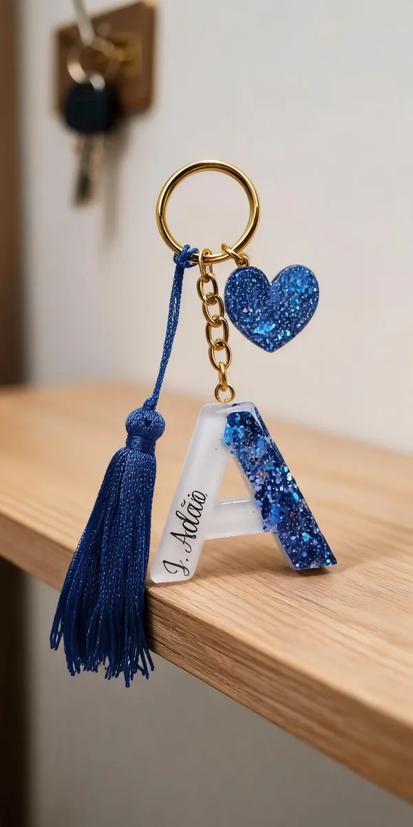 Resin_Alphabate_'A'_Keychain
(Blue_Glitter_&_White_Resin+Golden_Ring+Tessel+Customised_Name_Sticker)