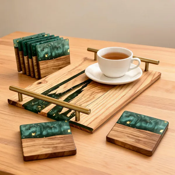 Resin_Serving_Tray+_4_Coaster_Set
(Wood_&_Metallic_Green_Colour)