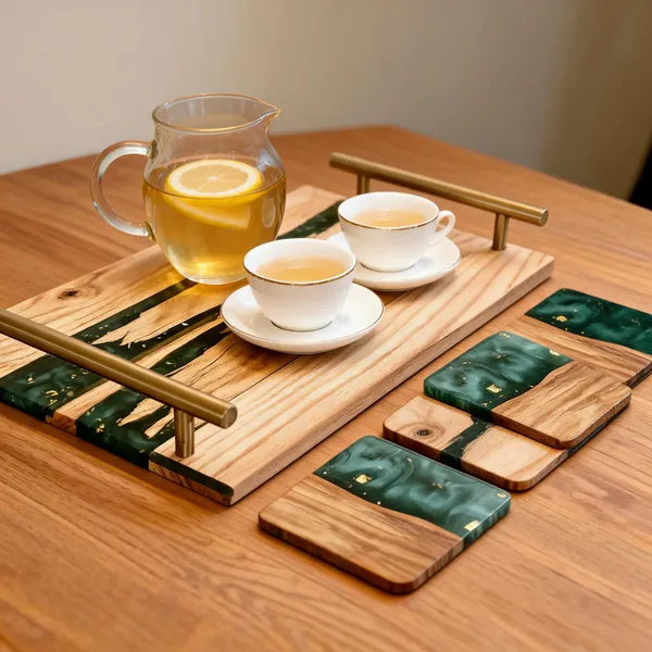 Resin_Serving_Tray+_4_Coaster_Set
(Wood_&_Metallic_Green_Colour)