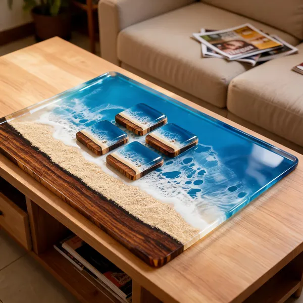 Ocean_Resin_Tray_And_Coasters(Set_Of_4)
(Blue_Resin+White_Waves+Wood)
Finish-_Glossy