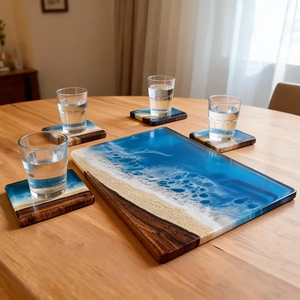Ocean_Resin_Tray_And_Coasters(Set_Of_4)
(Blue_Resin+White_Waves+Wood)
Finish-_Glossy