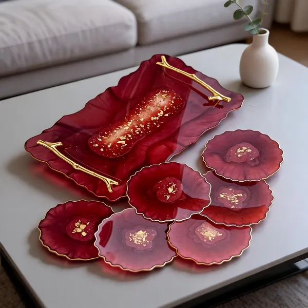 Resin_Serving_Tray+_6_Coaster_Set
(Gold_Flake+Mehroon_Colour)