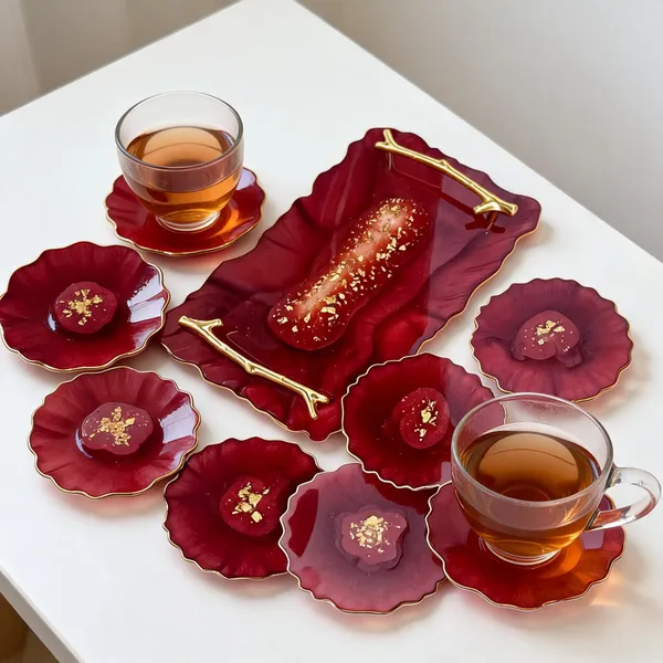 Resin_Serving_Tray+_6_Coaster_Set
(Gold_Flake+Mehroon_Colour)