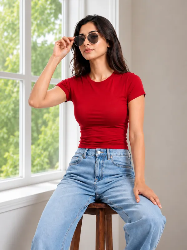 Red_Terry_Lycra_Fitted_Cropped_Baby_Tee_For_Women