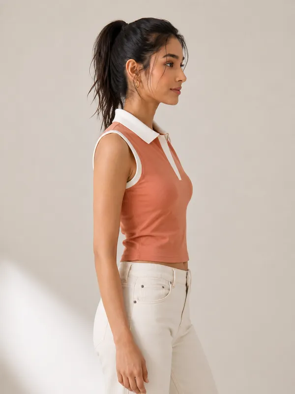 Orange_Cotton_Terry_Slim_Fit_Baby_Tee_Polo_Top_For_Women