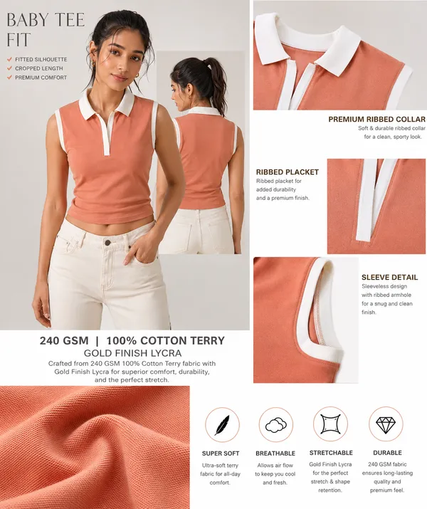 Orange_Cotton_Terry_Slim_Fit_Baby_Tee_Polo_Top_For_Women