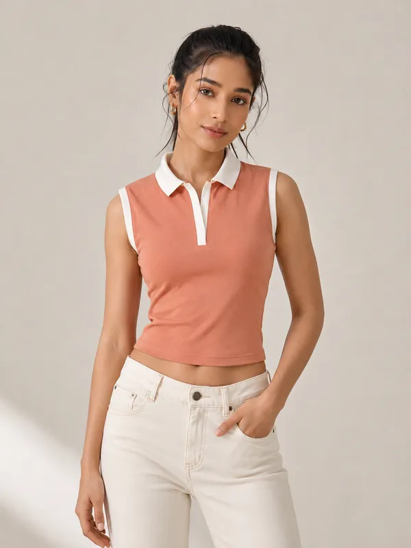 Orange_Cotton_Terry_Slim_Fit_Baby_Tee_Polo_Top_For_Women