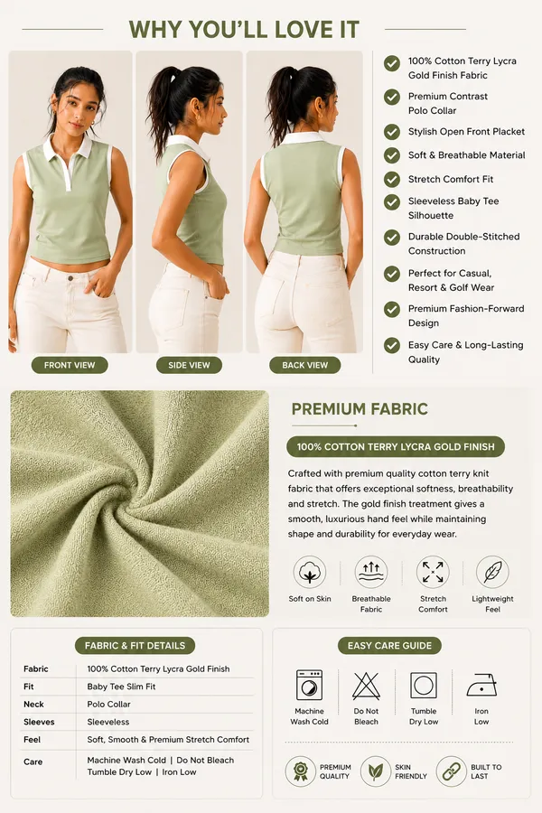 Prefit_Women_S_Premium_Baby_Tee_Polo_Top_240_Gsm_100_Cotton_Terry_Gold_Finish_Lycra_Ribbed_Collar_Placket_Sleeveless_Slim_Fit