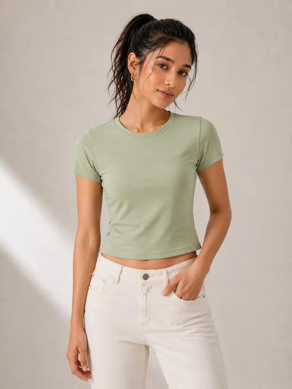 Green_Terry_Lycra_Fitted_Cropped_Baby_Tee_For_Women