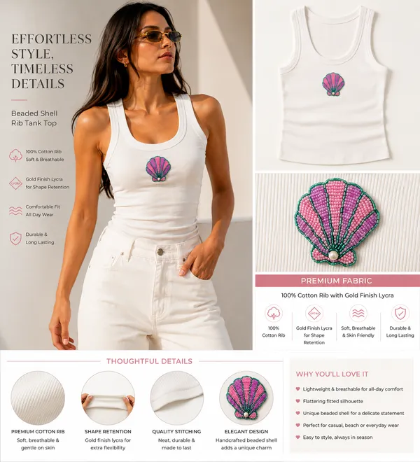 White_Ribbed_Pearl_Shell_Beaded_Embroidered_Tank_Top_For_Women