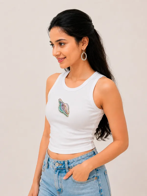 White_Ribbed_Beaded_Ocean_Embellished_Tank_Top_For_Women