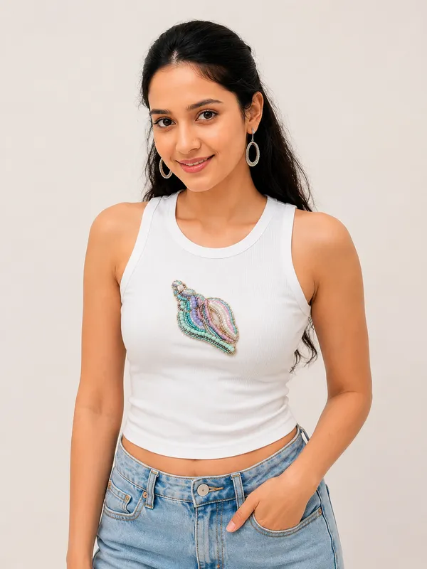 White_Ribbed_Beaded_Ocean_Embellished_Tank_Top_For_Women