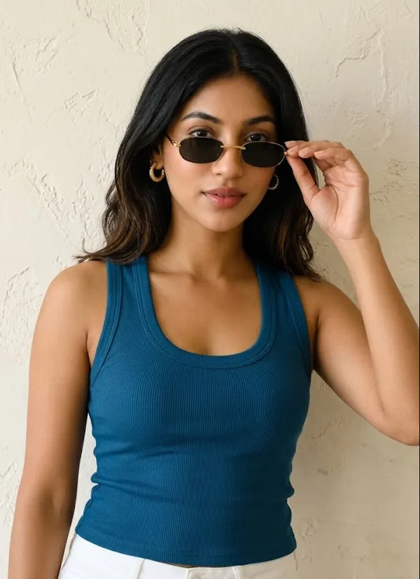 Blue_Ribbed_Cotton_Scoop_Neck_Sleeveless_Tank_Top_For_Women