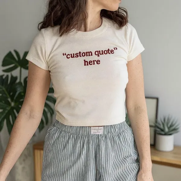 Cream_Cotton_Cropped_Fitted_Custom_Quote_Baby_Tee_For_Women