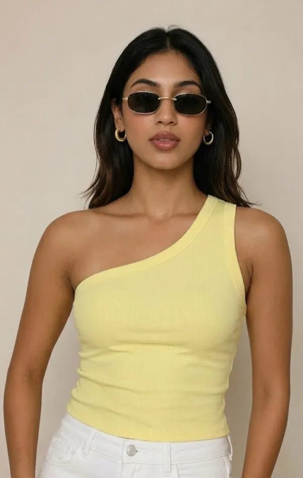 Butter_Yellow_Cotton_Ribbed_One_Shoulder_Asymmetric_Tank_Top_For_Women