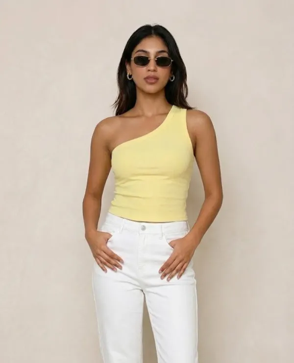 Butter_Yellow_Cotton_Ribbed_One_Shoulder_Asymmetric_Tank_Top_For_Women