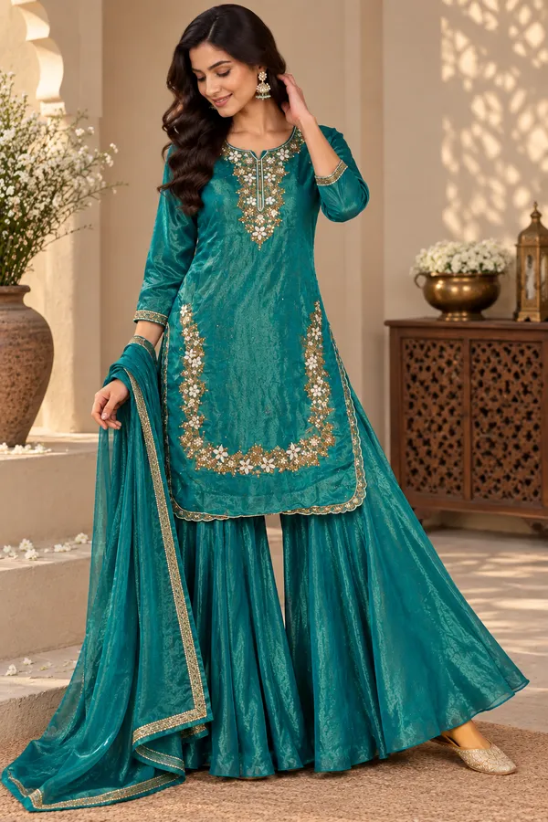 Teal_Salsa_Embroidered_Kurta_Sharara_Suit_Set_For_Women