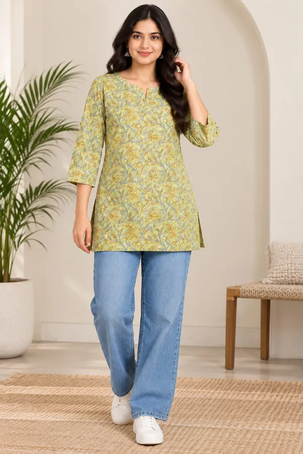 Cotton_Green_Short_Kurta_for_Women_|_Stylish_Printed_Kurta_Top_|_Daily,_Casual_&_Formal_Wear