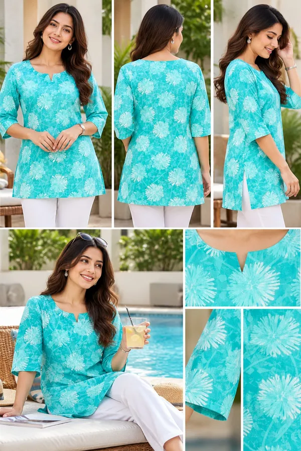 Cotton_TURQUOISE_BLUE_Short_Kurti_for_Women_|_Stylish_Printed_Kurti_Top_|_Daily,_Casual_&_Formal_Wear