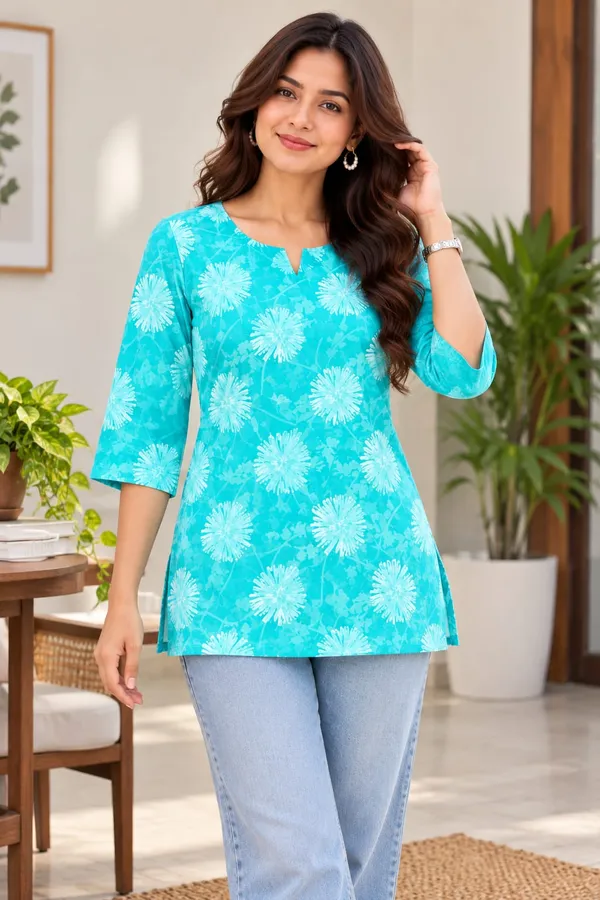 Cotton_TURQUOISE_BLUE_Short_Kurti_for_Women_|_Stylish_Printed_Kurti_Top_|_Daily,_Casual_&_Formal_Wear