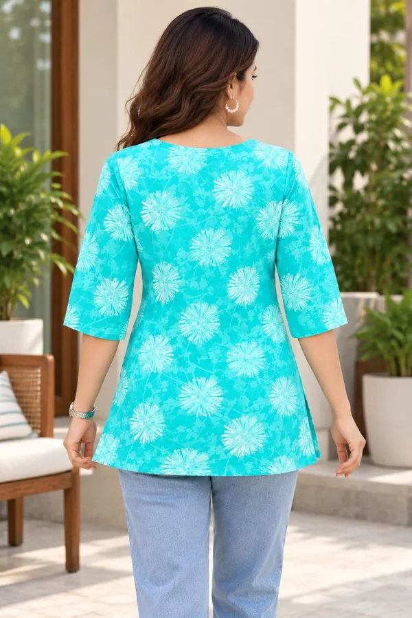 Cotton_TURQUOISE_BLUE_Short_Kurti_for_Women_|_Stylish_Printed_Kurti_Top_|_Daily,_Casual_&_Formal_Wear