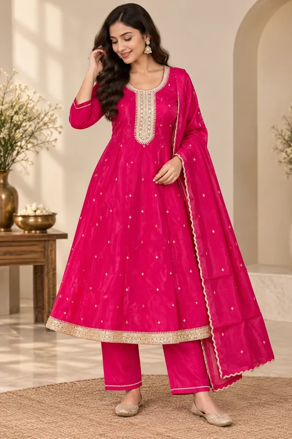Pink_Silk_Blend_Flared_Embellished_Frock_Suit_Set_For_Girls