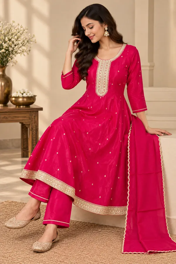 Pink_Silk_Blend_Flared_Embellished_Frock_Suit_Set_For_Girls