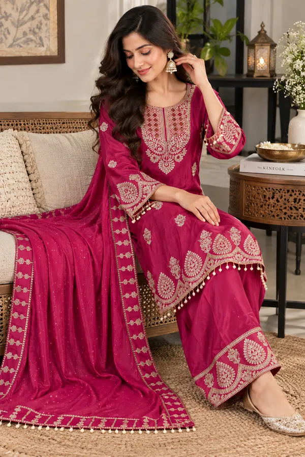 Magenta_Chinon_Straight_Embroidered_Kurta__Farsi_Suit_Set_For_Women