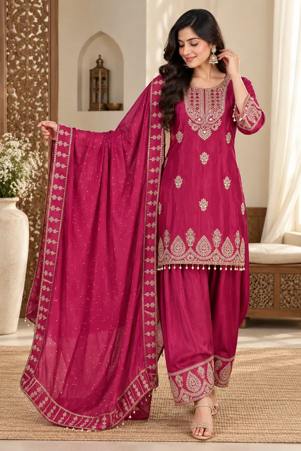Magenta_Chinon_Straight_Embroidered_Kurta__Farsi_Suit_Set_For_Women