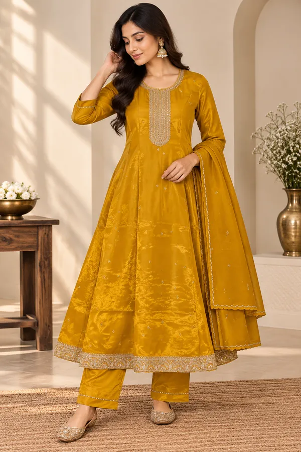 Yellow_Silk_Blend_Flared_Embellished_Kurta_Suit_Set_For_Girls