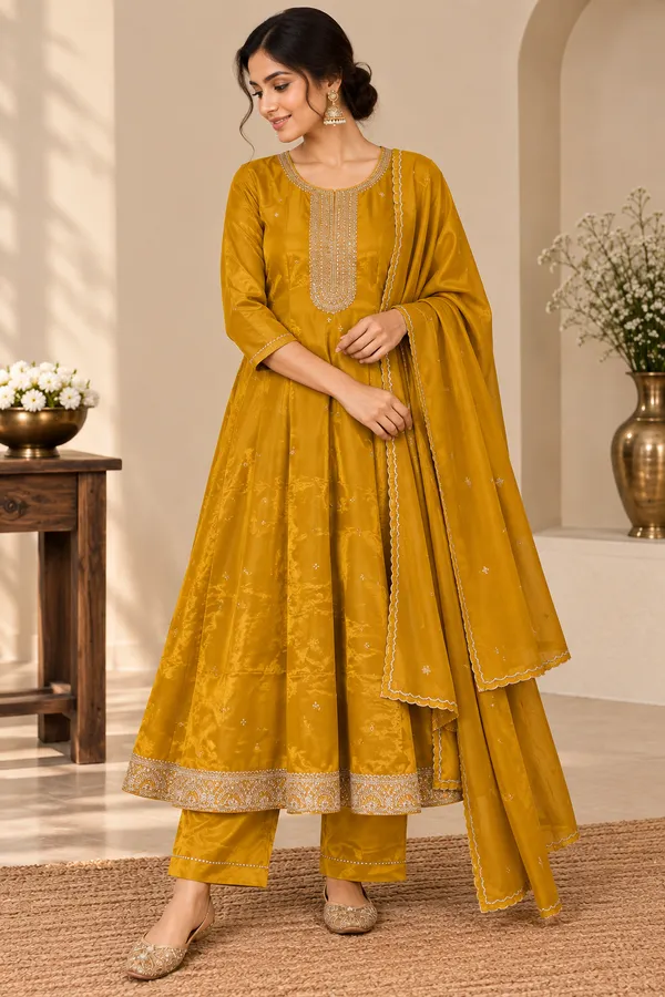Yellow_Silk_Blend_Flared_Embellished_Kurta_Suit_Set_For_Girls
