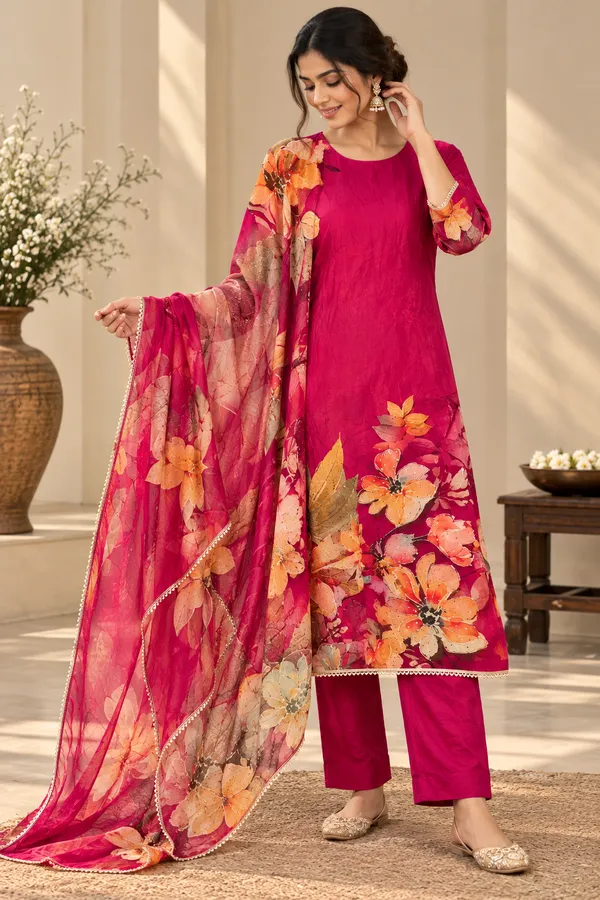 Deep_Pink_Muslin_Floral_Print_Straight_Kurta_Pant_Set_For_Women