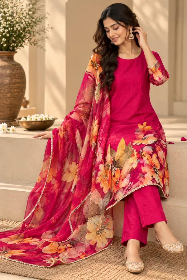 Deep_Pink_Muslin_Floral_Print_Straight_Kurta_Pant_Set_For_Women