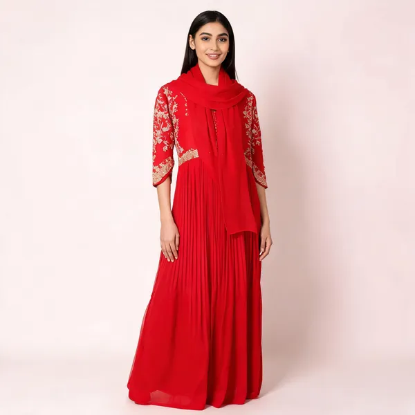 Red_Chinon_Anarkali_Suit_Set_For_Women