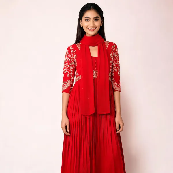 Red_Chinon_Anarkali_Suit_Set_For_Women