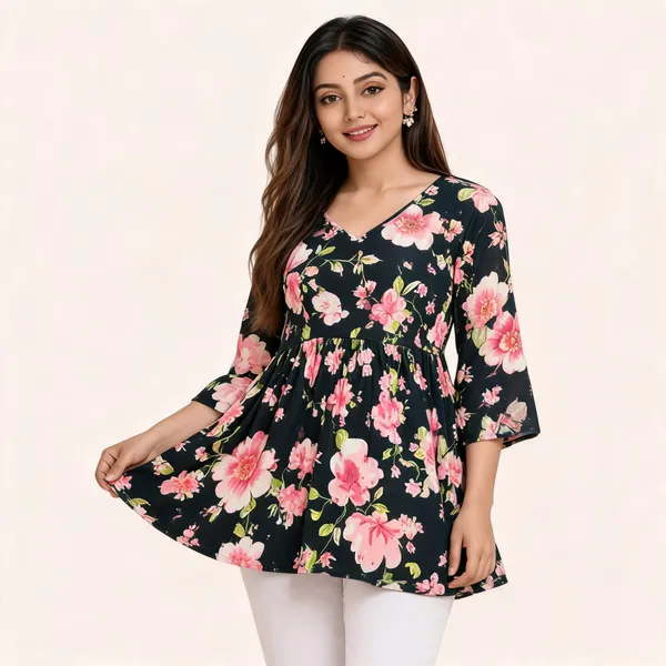 Black_Cotton_Floral_Print_Flared_Tunic_For_Women