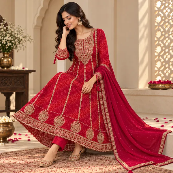 Red_Chinon_Flared_Anarkali_Printed_Suit_Set_For_Women