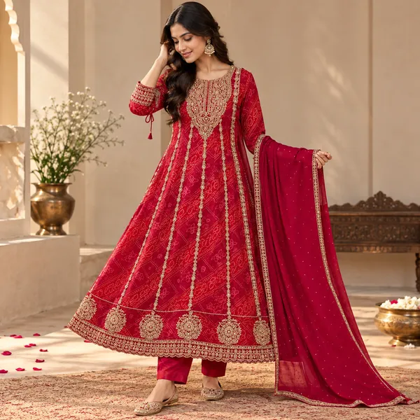 Red_Chinon_Flared_Anarkali_Printed_Suit_Set_For_Women