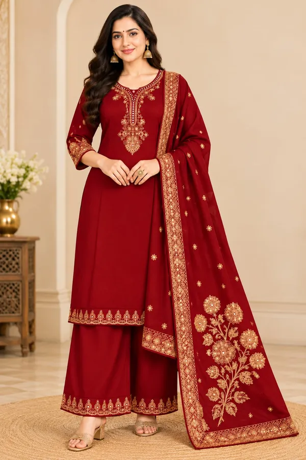 Women_Maroon_Embroidered_Kurta_Palazzo_Dupatta_Set_|_3_Piece_Ethnic_Wear_for_Women