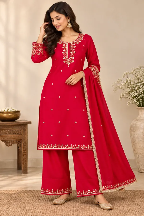 Red_Chiffon_Straight_Embroidered_Suit_Set_For_Girls