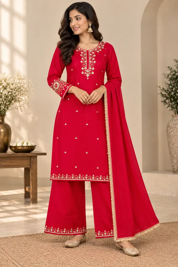Red_Chiffon_Straight_Embroidered_Suit_Set_For_Girls