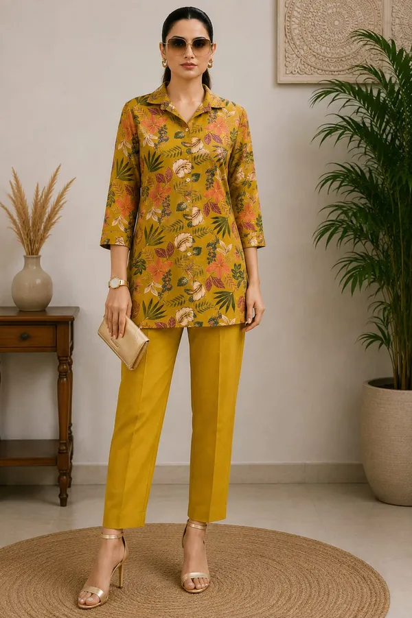 Yellow_Rayon_Floral_Print_Straight__Co-ord_set__For_Girls